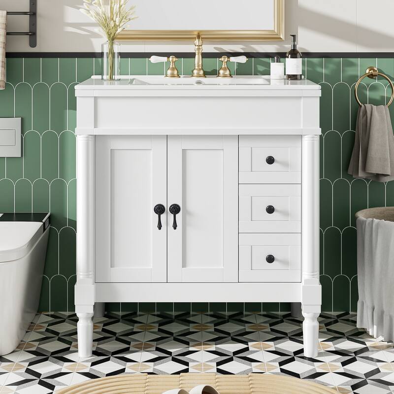 30" Modern Bathroom Vanity - Solid Wood & MDF, 2 Doors & 3 Drawers, Soft-Close, Ceramic Sink, U-Shaped Shelf, Storage Cabinet