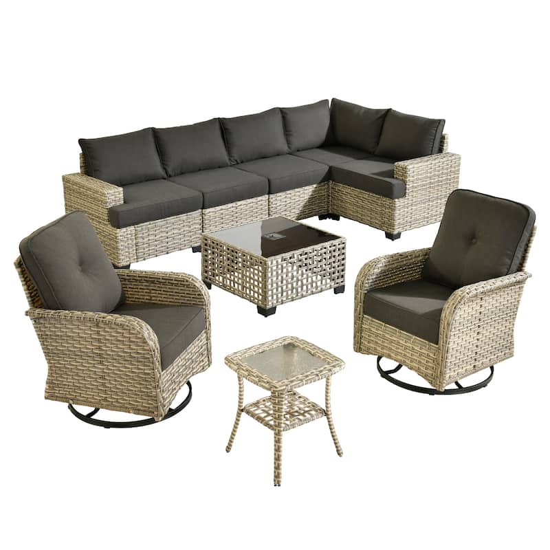 HOOOWOOO 9-piece Wicker Patio Furniture Set Sectional Sofa with Swivel Chair.