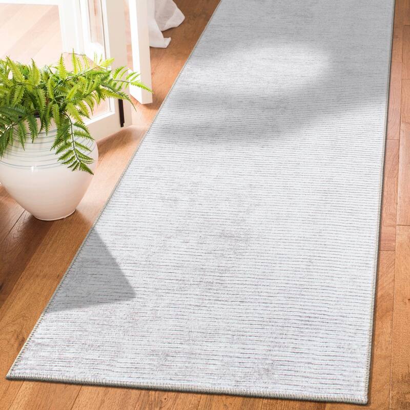 Contemporary Distressed Stripe Machine Washable Area Rug - 2' 6" x 10' - Ivory - Runner