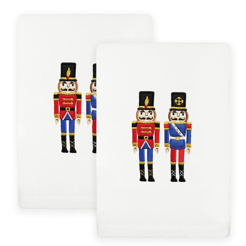 Authentic Hotel and Spa Christmas NUTCRACKERS Embroidered Luxury 100% Turkish Cotton Hand Towels Set of 2 - White