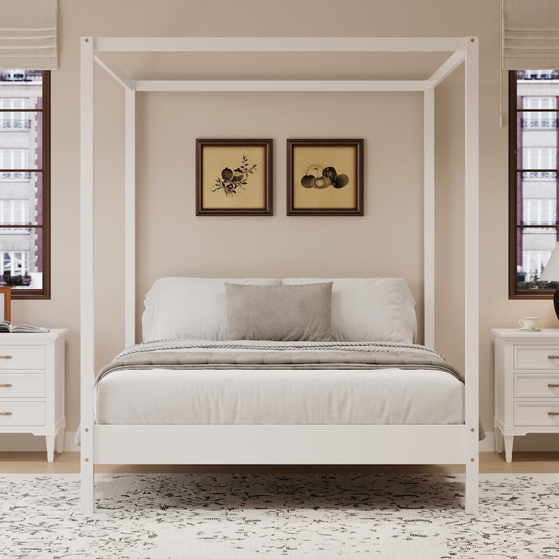 Solid Wood Canopy Bed Frame Four Poster Platform Bed with Slats Support