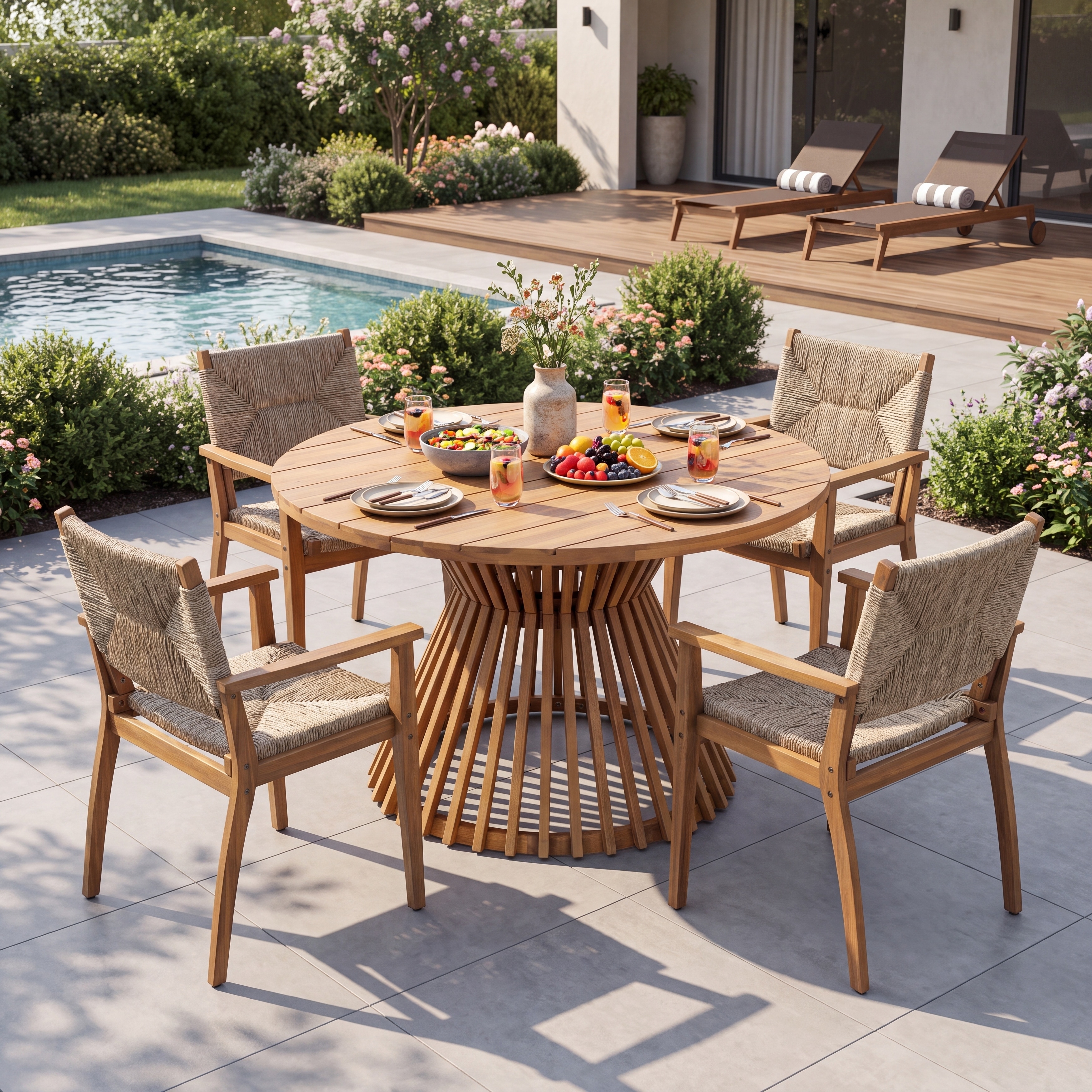 Christopher Knight Home - 5-Piece Modern Solid Acacia Wood Outdoor Dining Set with Round Table and Wicker Arm Chairs