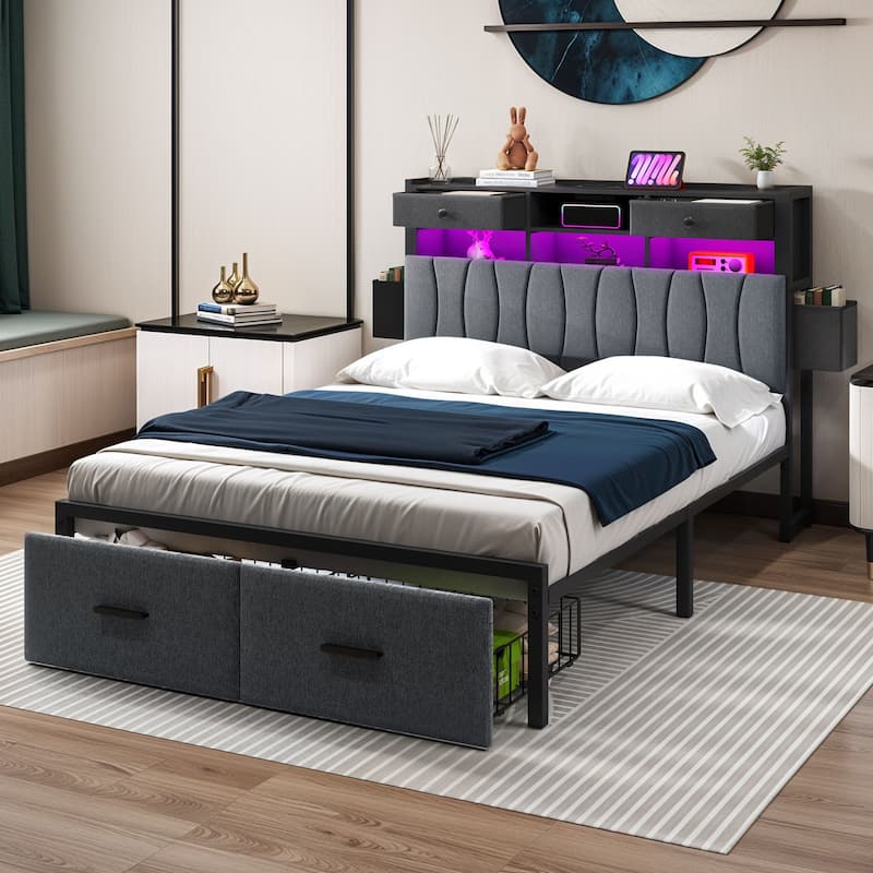 Moasis Linen Upholstered Platform Bed, Bed Frame with Hidden Storage Headboard and Charging Station