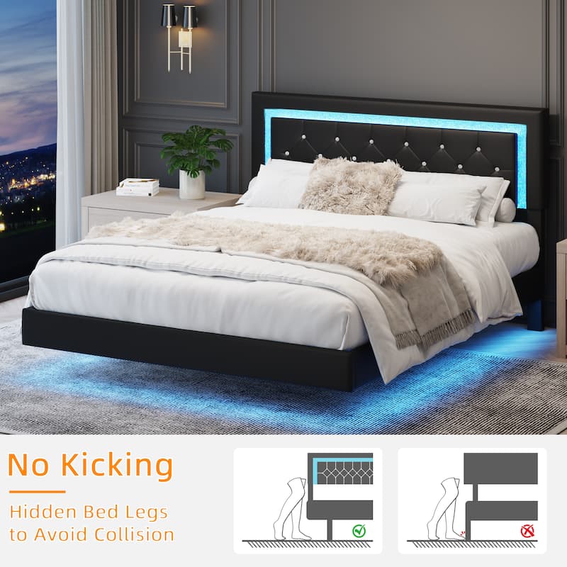 Upholstered Platform Bed PU Leather Floating Bed Frame with LED Lights&Diamond Tufted Headboard/No Box Spring Needed/Noise Free