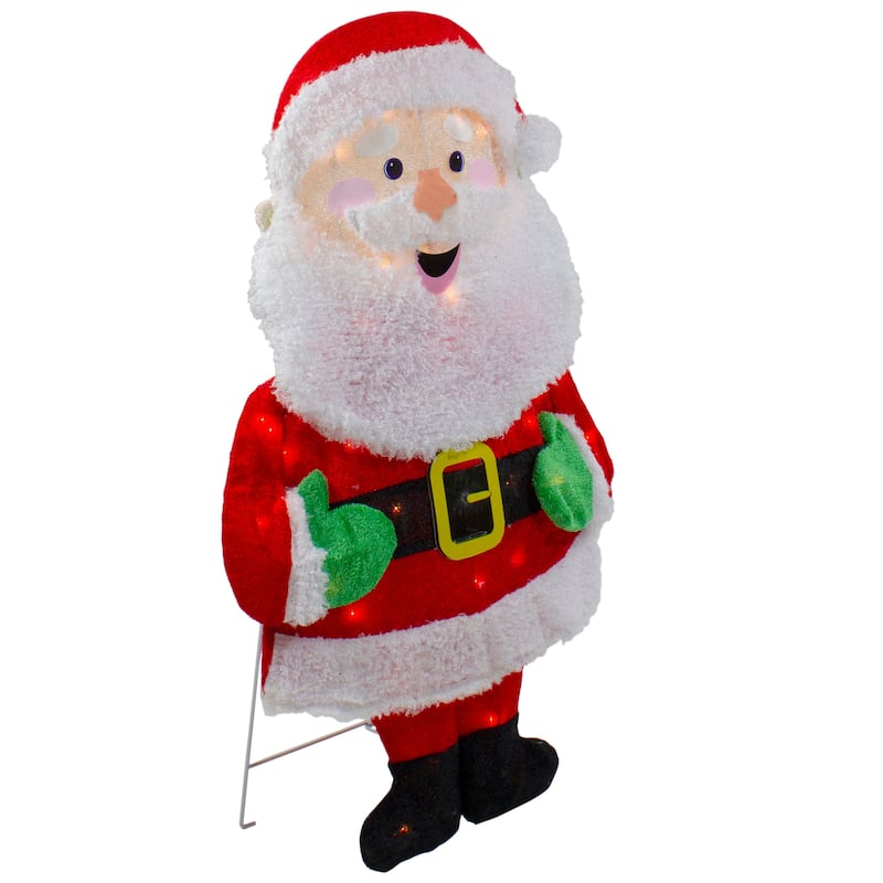 Lighted 2D Chenille Santa Outdoor Christmas Decoration - 32" - Warm White Lights - Red