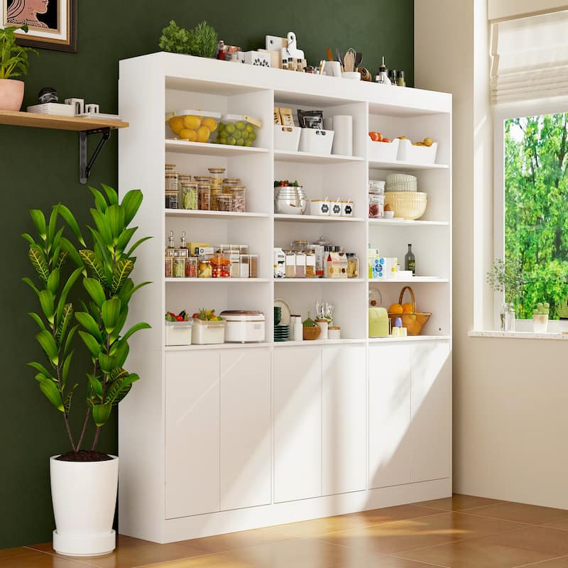 Pantry Large White Storage Cabinet 5-Door Bottom Cabinets & Open Display Shelving for Kitchen or Living Room
