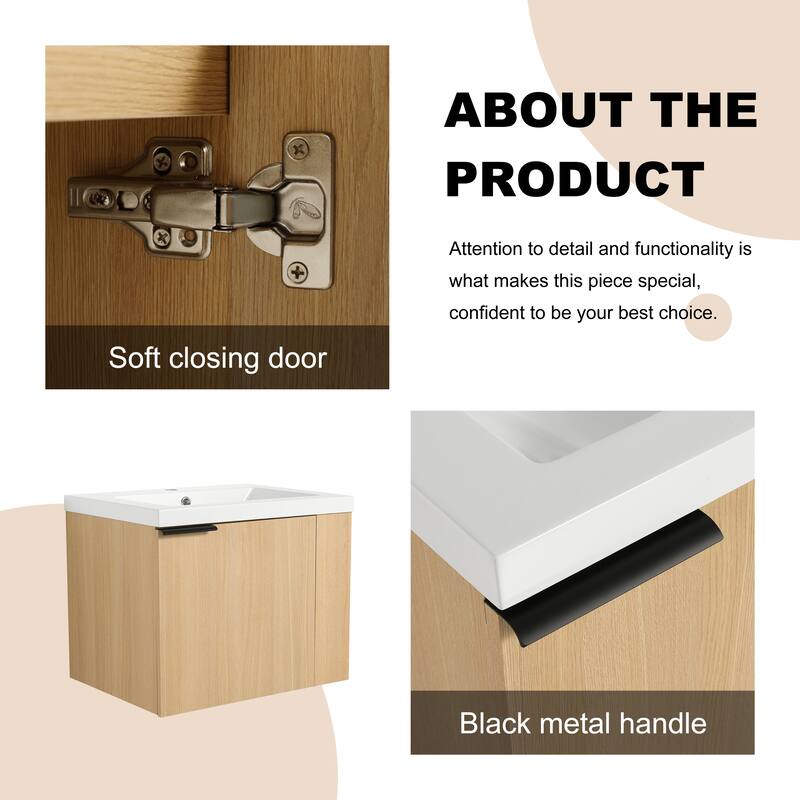 BNK 24"/48" Single Sink Bathroom Vanity with Soft Close Door and Shelf, Modern Floating Vanity