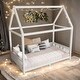 preview thumbnail 2 of 10, Wood Twin Size House Bed with Guardrail and LED Light, White