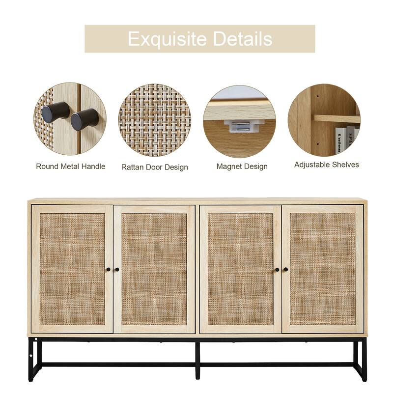 Wood Rattan 4-Door Buffet Sideboard With Storage