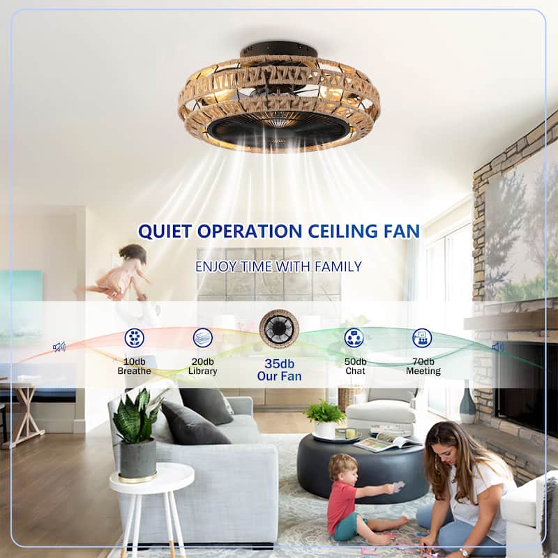 20" Caged Ceiling Fans Flush Mount,Low Profile Fabric Farmhouse Ceiling Fan with Remote Control - N/A