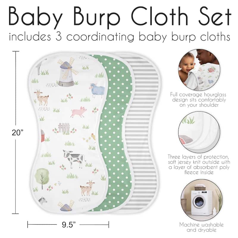 Sweet Jojo Designs Farm Animals Absorbent Burp Cloths 3 Pack Set Grey Red Black and White Watercolor Farmhouse Gender Neutral
