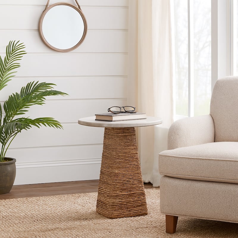 Stone and Marble Top Accent Table Pandan Hexagon Base - 20" Ivory - 17" x 17" x 20"