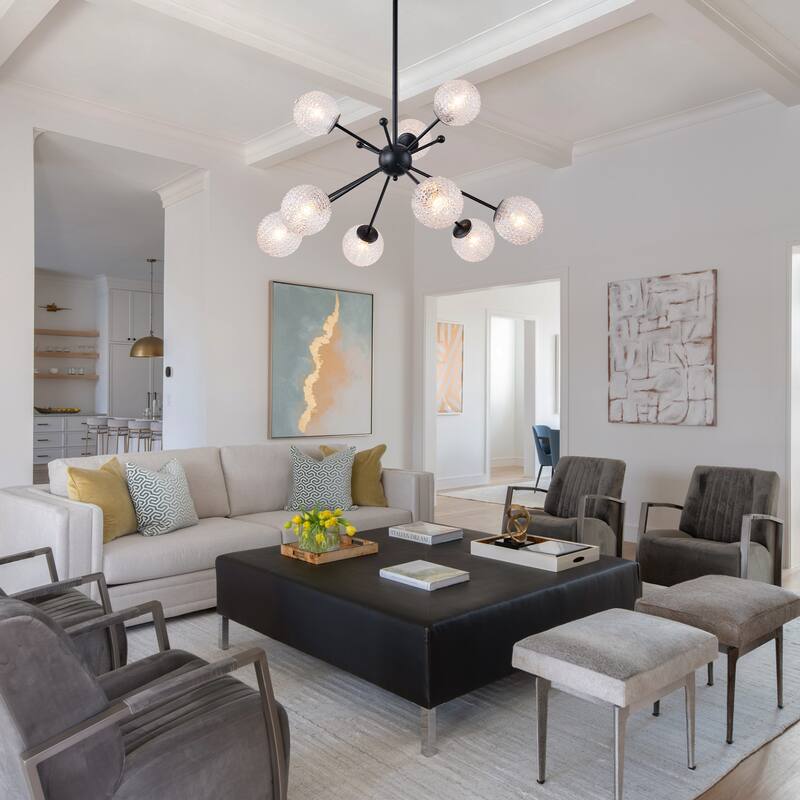 31.5" 9-Light Modern Black Sputnik Pendant Light Pineapple Glass Globe - Dia.31.5-in