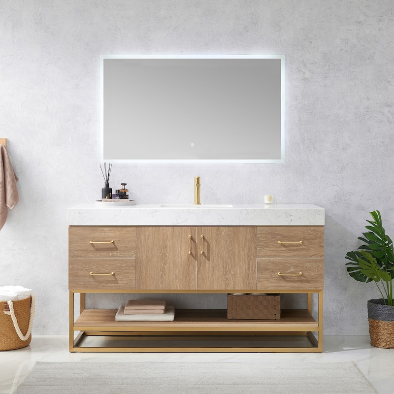 Alistair 60" Single Vanity with White Grain Stone Top without Mirror - 60" x 22"