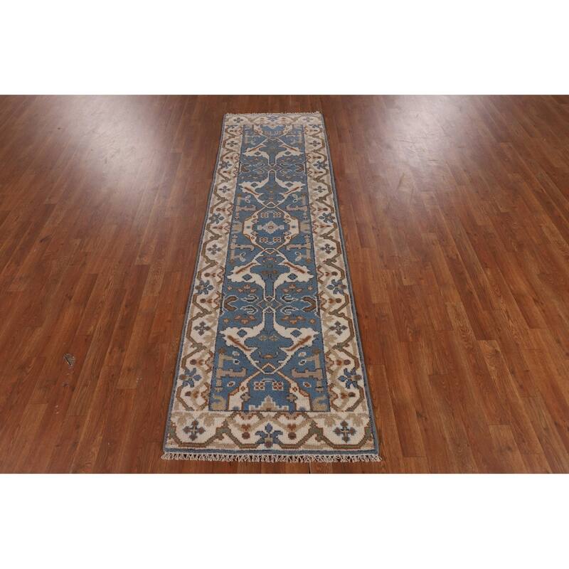 Light Blue Oushak Oriental Runner Rug Handmade Wool Carpet - 2'6" x 7'9"