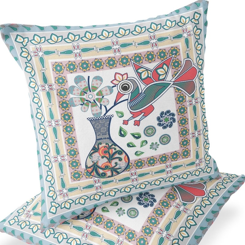 HomeRoots Set of Two 16" X 16" Pink and White Peacock Blown Seam Floral Indoor Outdoor Throw Pillow - 16.00' X '16.00' X '5.00