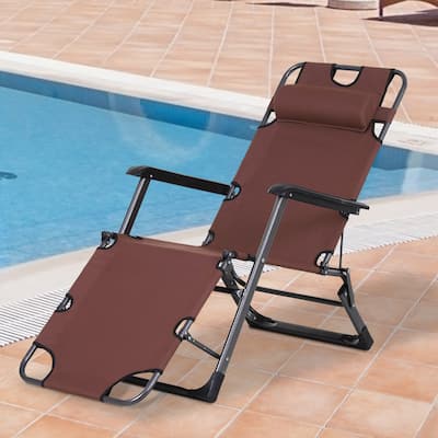 Outsunny 2-in-1 Patio Lounge Chair w/ Pillow, Outdoor Folding Sun Lounger Reclining to 120°/180°, Oxford Fabric, Brown