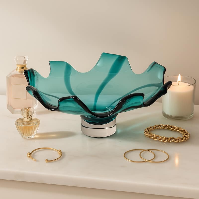 Artistic Abstract Glass Decorative Bowl - 14", Blue & Green - 14.0"
