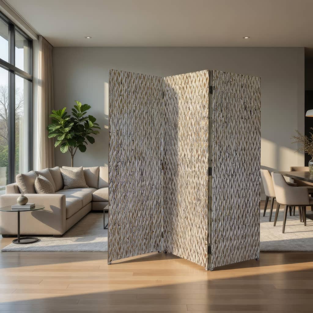 72 Inch 3 Panel Screen, Wood 3D Wavy Pattern, Distressed Gray, Black, Brown