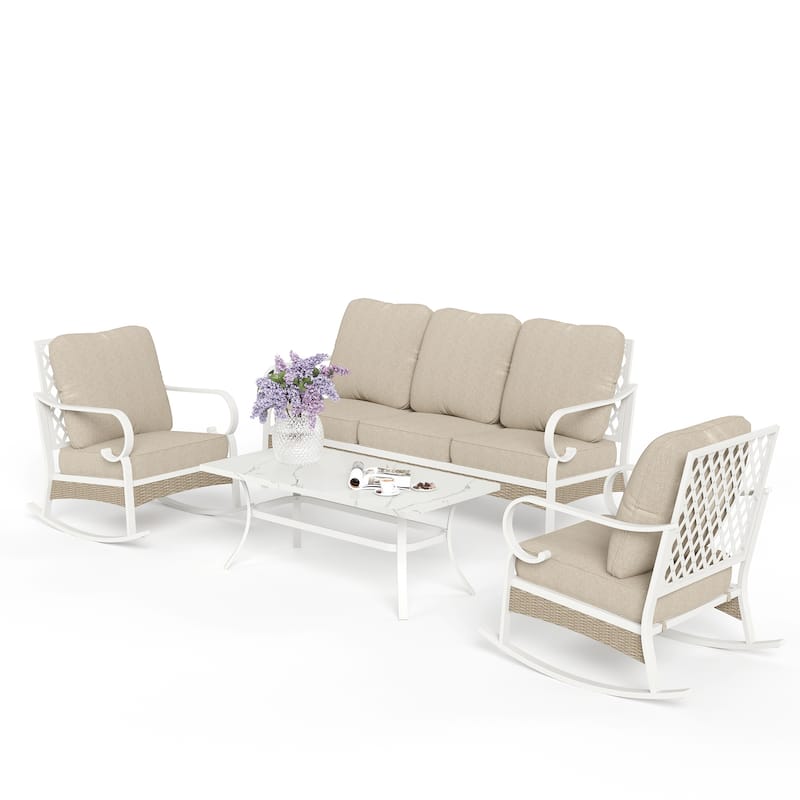 MAISON ARTS 5-Seat Patio Furniture Set, 2 x Cushioned Metal Chair, 1 x 3-Seat Sofa with Marbling Coffee Table - Set 2 - Beige