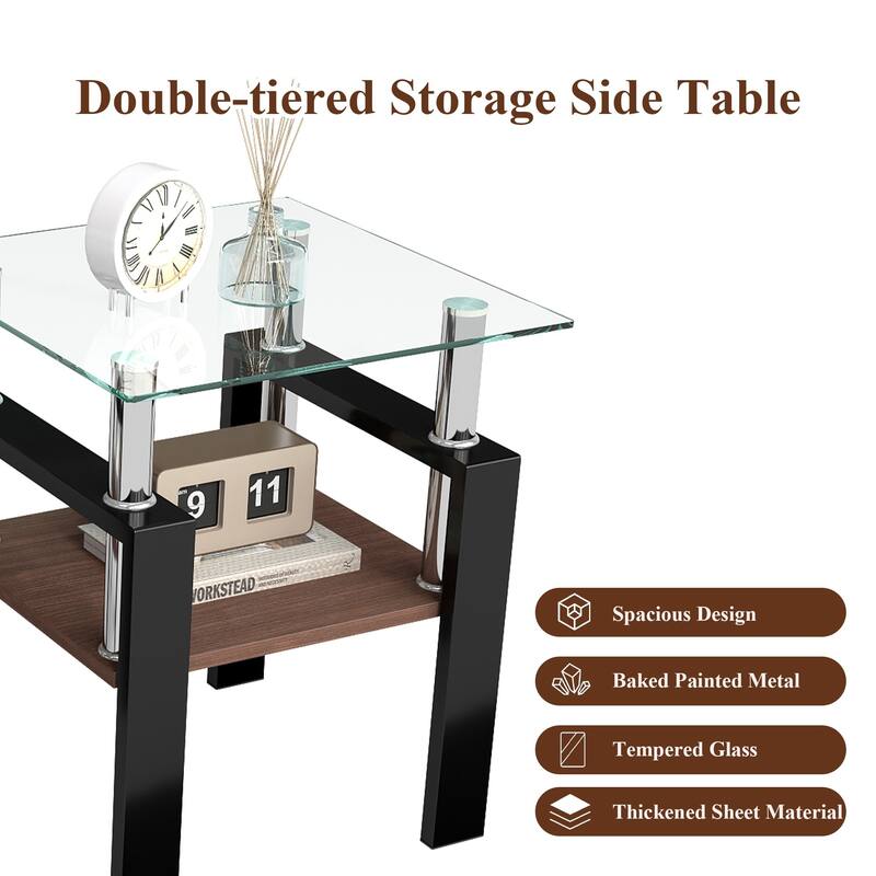 Set of 2 Modern Transparent Tempered Glass Tea Table