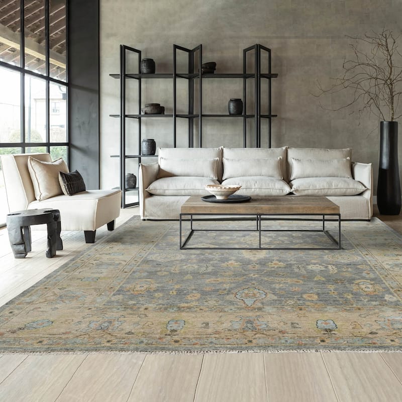 Multi Size Hand Knotted Blue Traditional Oushak Wool Oriental Area Rug - 9' 6'' x 13' 3''