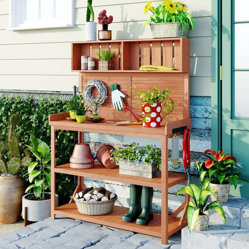 65" Large Wooden Farmhouse Rustic Outdoor Potting Bench Table, Patio Workstation with 4 Storage Shelves and Side Hook