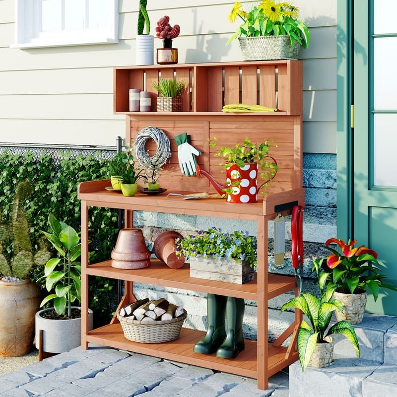 65" Large Wooden Farmhouse Rustic Outdoor Potting Bench Table, Patio Workstation with 4 Storage Shelves and Side Hook