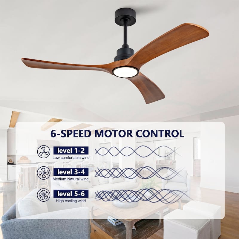 52 Inch Wood Ceiling Fan With 3 Solid Wood Blades Remote Control Reversible DC Motor For Living Room - Black