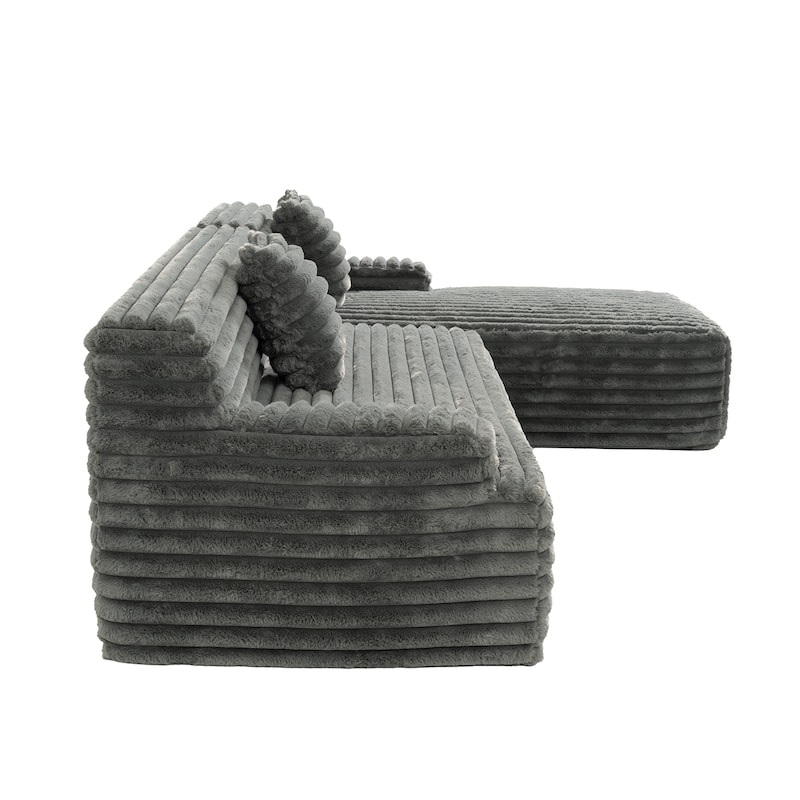 110" Faux Fur Cloud 3-Seater sat L-Shaped Sectional Sofa with Two Included Throw Pillows
