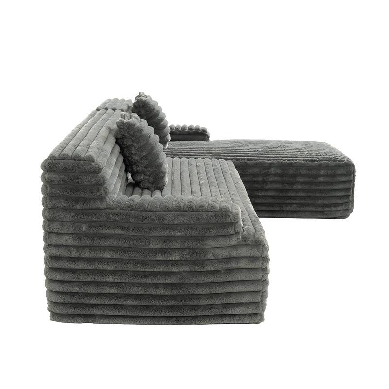 L Shape Modular Sectional Sofa with Chaise, Full-Compressed Boneless Couches, Faux Fur 3 Seat Sofa with 2 Throw Pillows