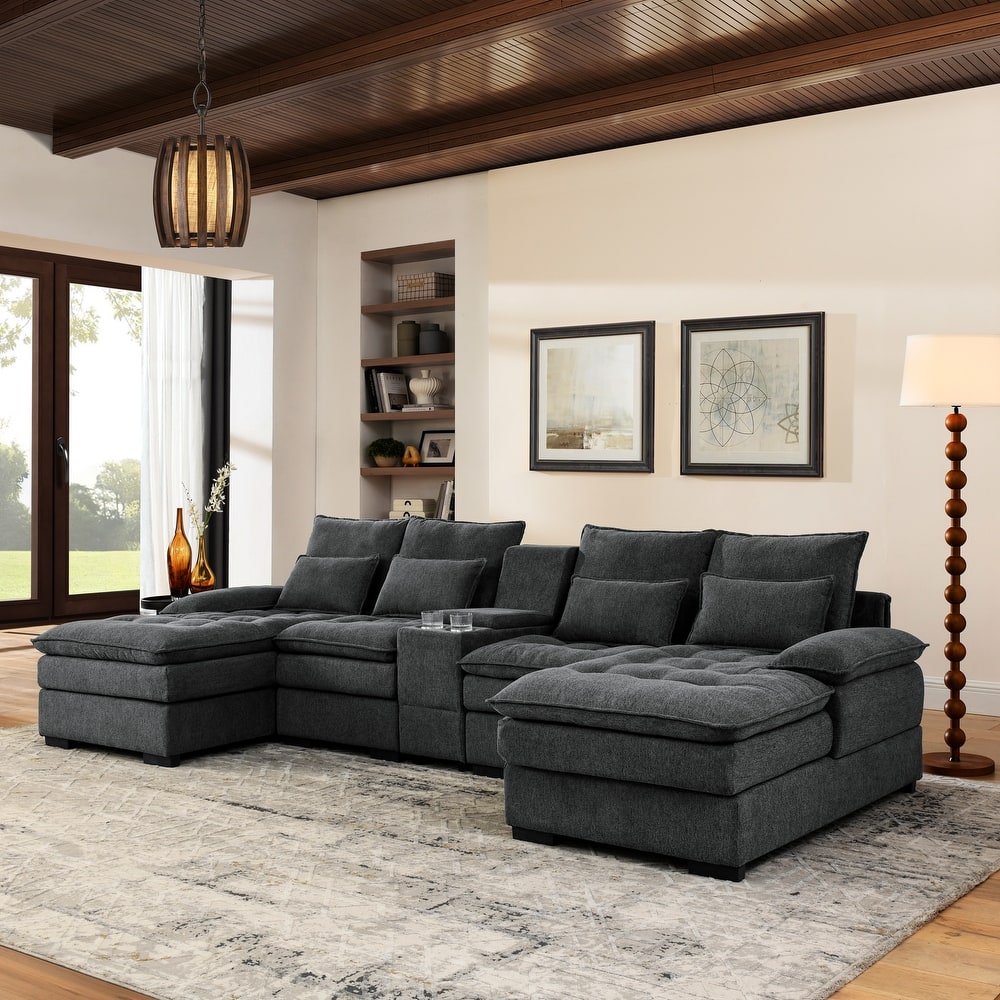 U-shaped Sectional Sofa with Chaise, Built-in Storage Console and Cup Holders, Linen Double-Layer Cushioning Lounge Couch