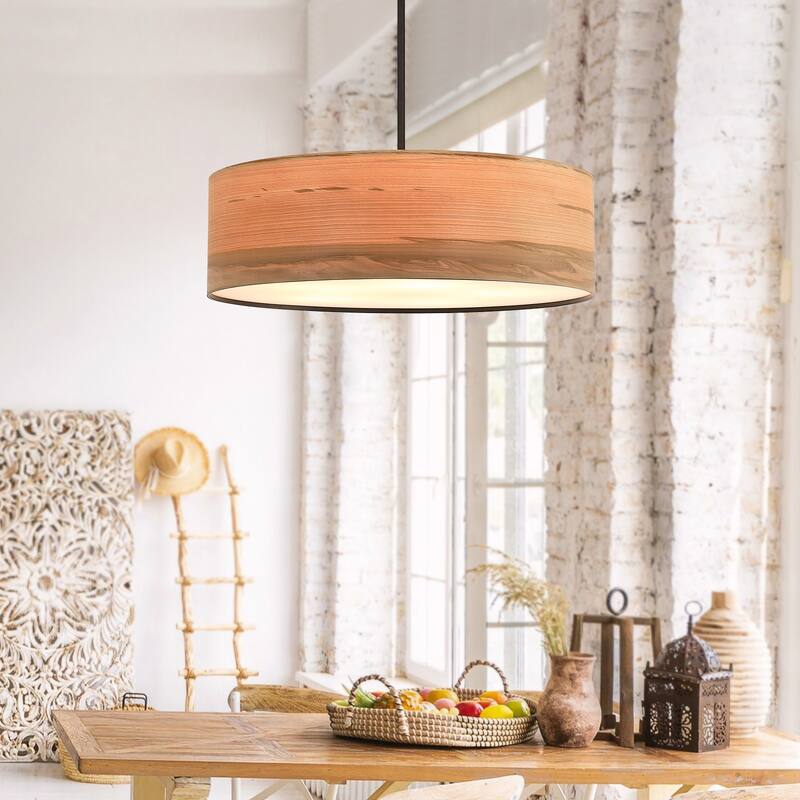 Breaux 5-Light Wood Veneer Drum Chandelier with Black Canopy - 24" Width