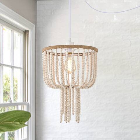 Boho Pendant Light Plug-in with Cord Whitewashed Wood Bead Chandelier