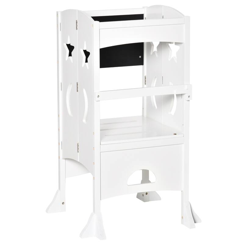 2 in 1 Kids Foldable Kitchen Step Stool, Toddler Standing Tower with Chalkboard and Lockable Handrail for Children 3-6 Years Old - White