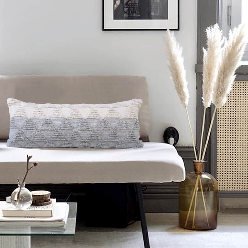 HomeRoots 14" X 36" Heathered Gray And Off-White 100% Cotton Geometric Zippered Pillow