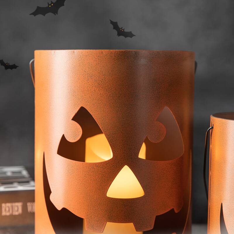Glitzhome Set of 2 Halloween Metal Jack-O-Lantern Bucket Candle Holder Porch Decor