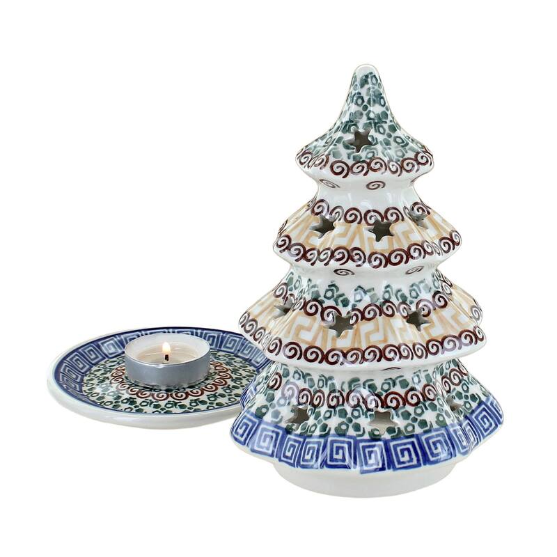 Blue Rose Polish Pottery 513 Ceramika Artystyczna Medium Christmas Tree Luminary