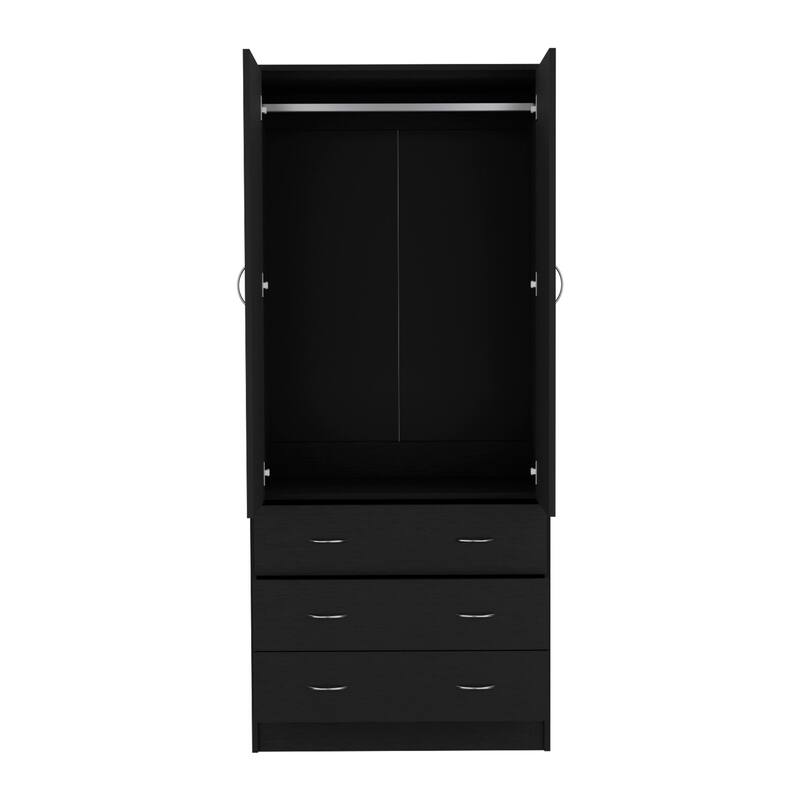 19" Modern Double-door Armoire with 3 Drawers and 1 Hanging Rod for Bedroom