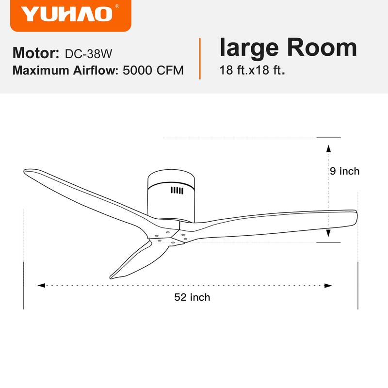 52In. Farmhouse Indoor Flush Mount Low Profile Ceiling Fan with Solid Wood Blades - 52 INCHES