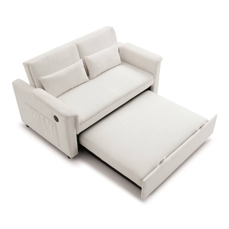 3 in 1 Convertible Sofa Bed with USB Port, Velvet 2 Seater Pull Out Sofa Bed, Loveseat Sofa with Adjustable Back & Side Pockets