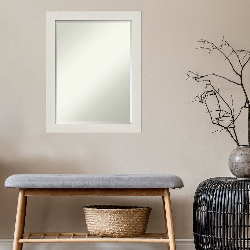 Beveled Bathroom Wall Mirror - Rustic Plank White Narrow Frame