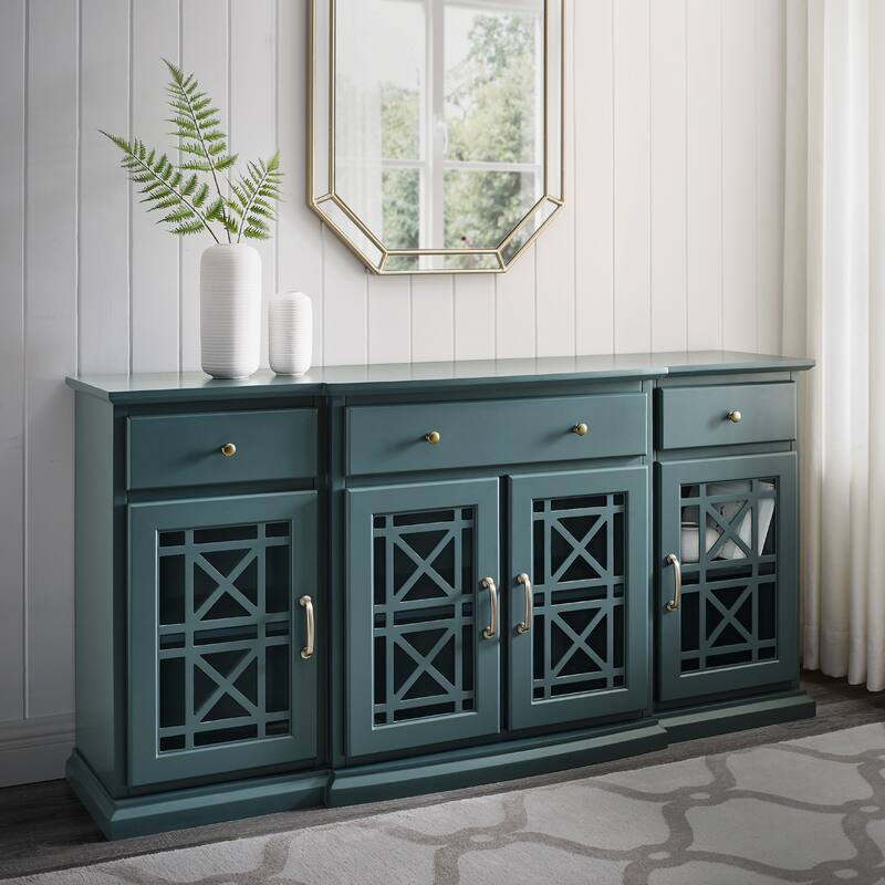 Classic Fretwork Detailed Glass-Door Sideboard for Living Room, Bedroom and Office