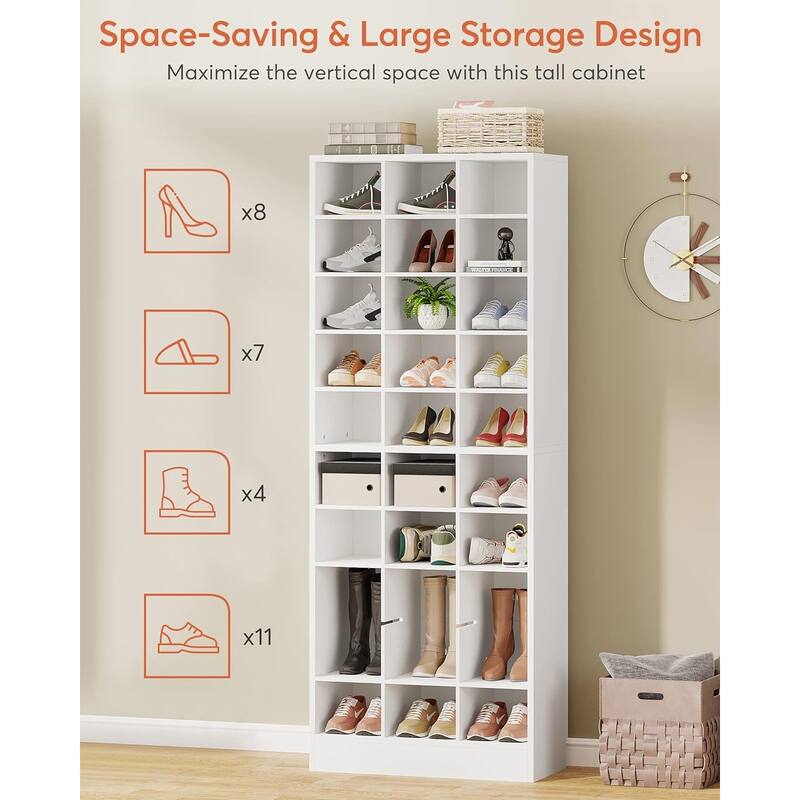 25" 10-Tier White Wooden Shoe Storage Cabinet, Modern 30-Cubby