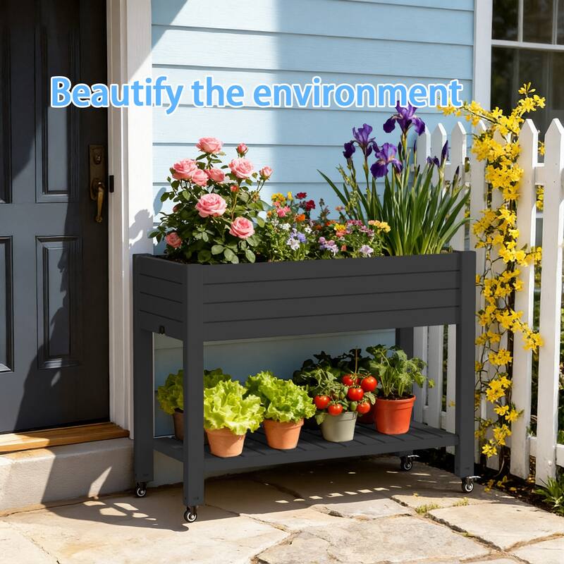 Raised Garden Bed with Trellis for Climbing Plants,Outdoor with Drainage Plug and Gauge DustProof Resin for Garden Backyard