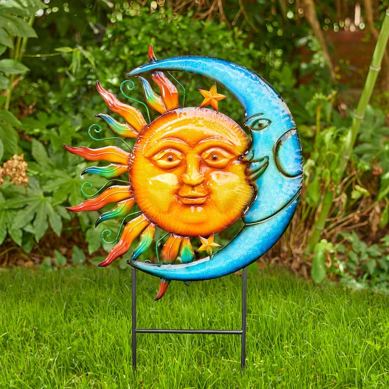 Glitzhome 36.25''H Metal Sun and Moon Wall Decor Yard Stake for Indoor and Outdoor