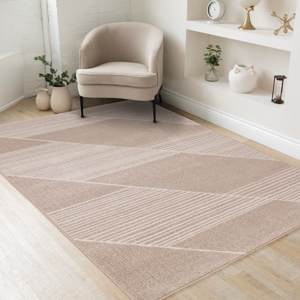 Beige Cream Diagonal Striped Design Rug