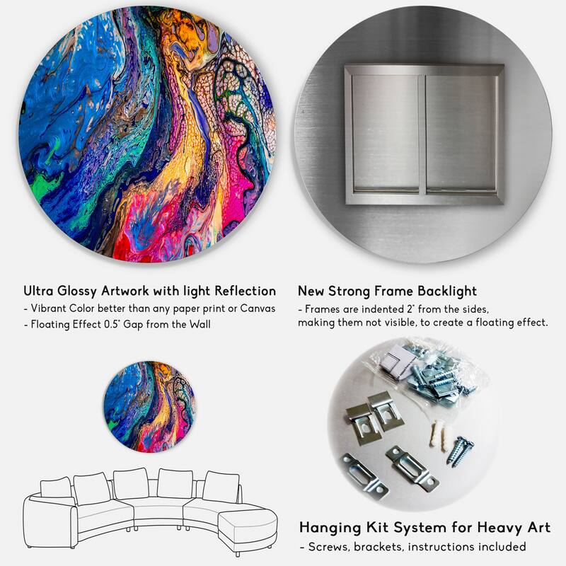 Designart 'Red Blue And Yellow Marble Art Universe' Modern Metal Circle Wall Art