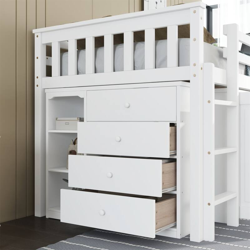 Twin Rubber Wood Loft Bed with Cabinet, Drawer, Shelf,Pulling-Out Desk