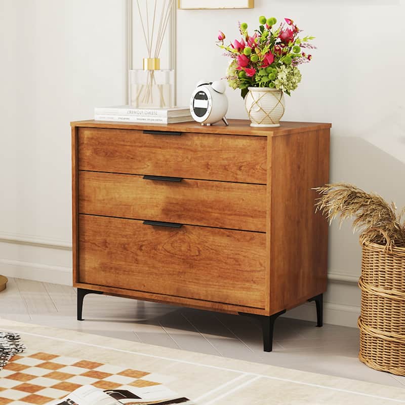 Cherry MDF Engineered Wood Storage Chest with Metal Legs and Drawers